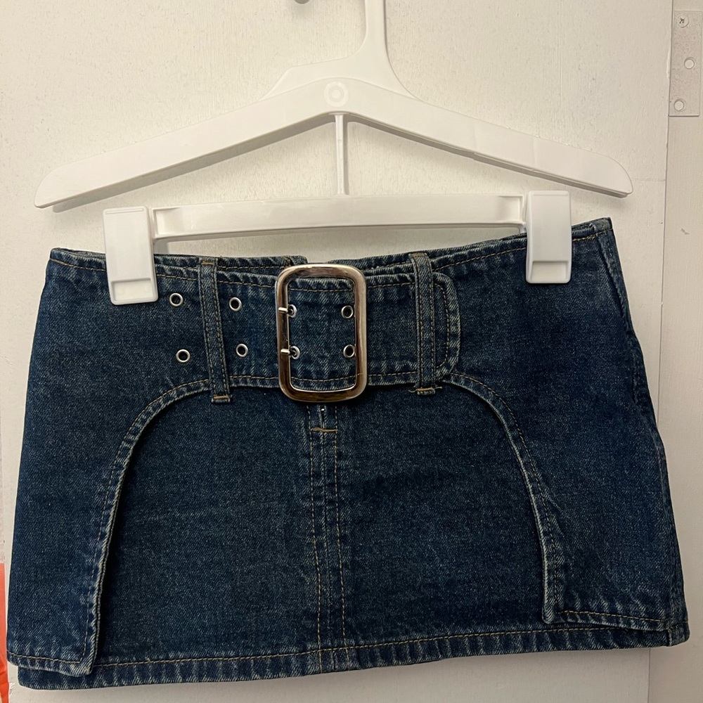 Dark Blue Denim Mini Skirt with Faux Belt Detail